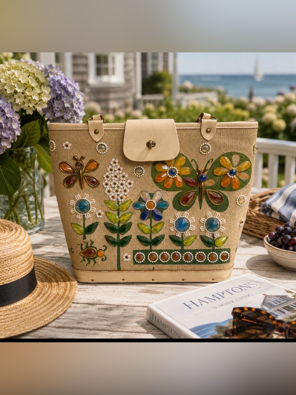Enid Collin’s Embellished Floral Tan Tote Bag - summertime vintage